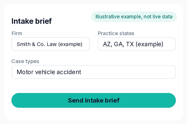 Illustrative intake brief with firm name, practice states and case types