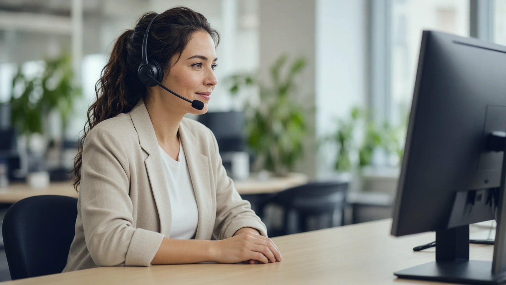 Law firm intake manager on a headset, reviewing a claimant lead record